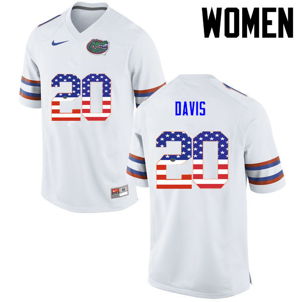 Women Florida Gators #20 Malik Davis College Football USA Flag Fashion Jerseys-White